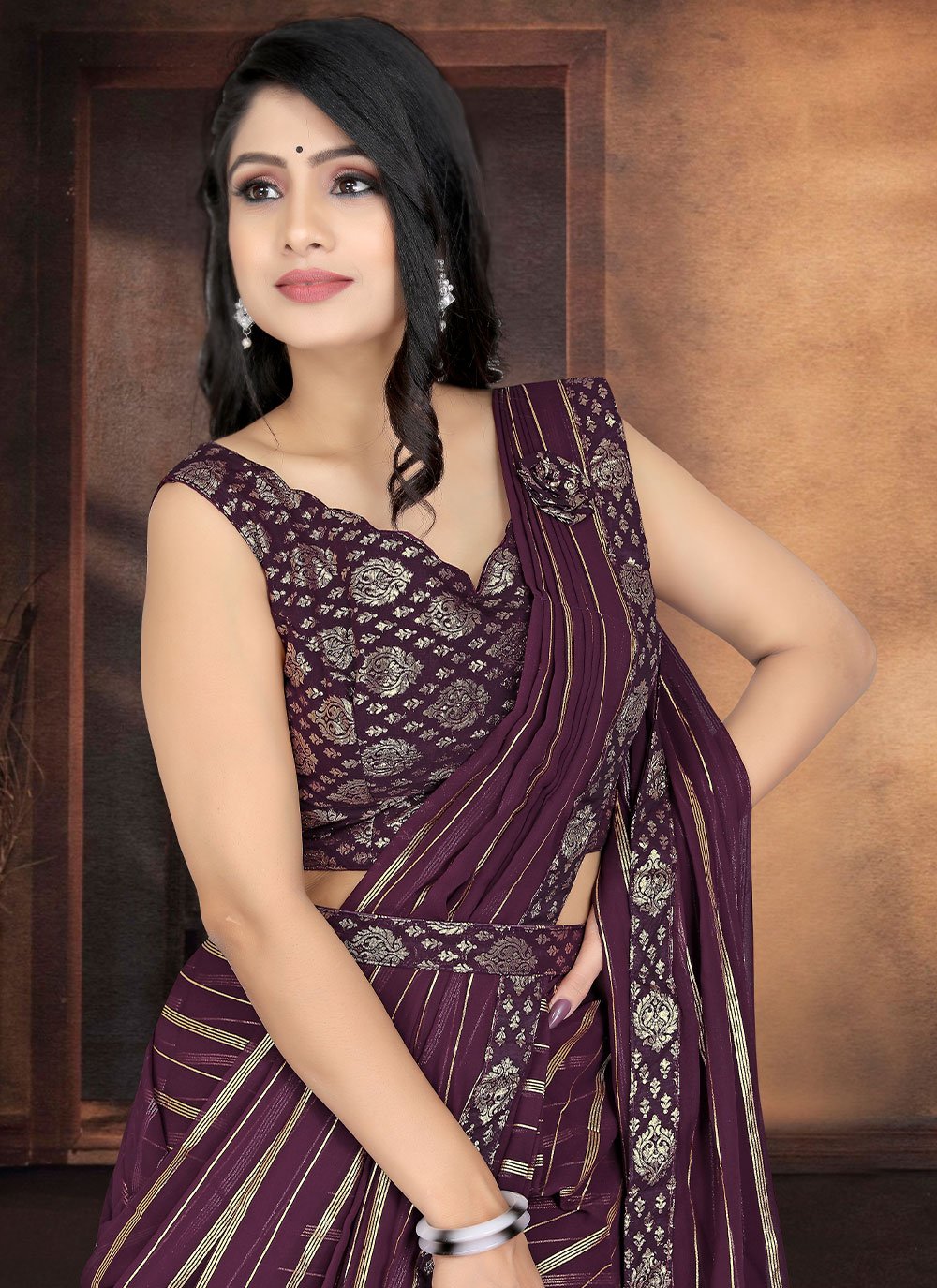 Designer Georgette Purple Jacquard Work Saree