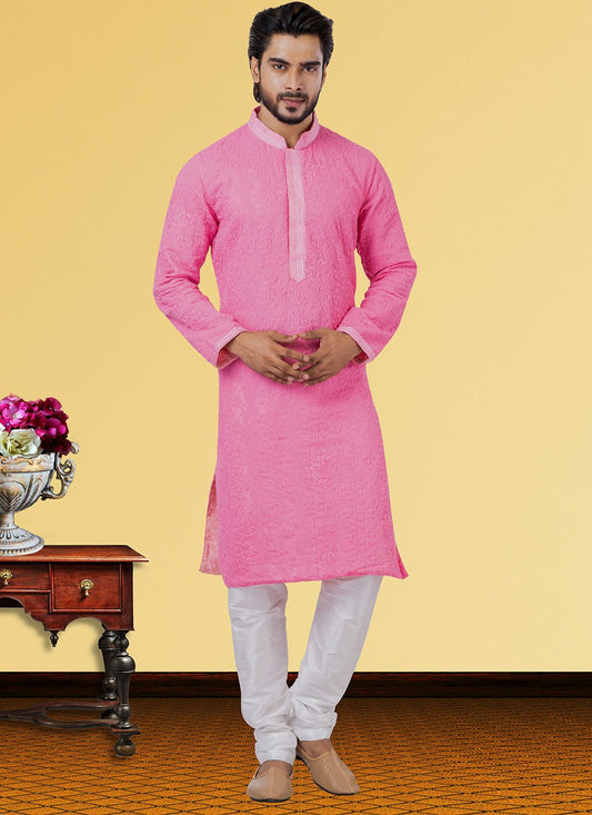 Kurta Pyjama Georgette Hot Pink Embroidered Mens