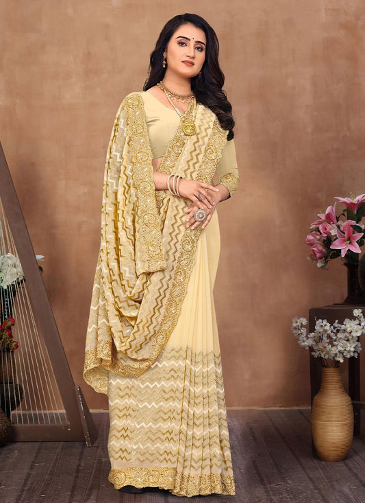 Contemporary Georgette Cream Lace Saree