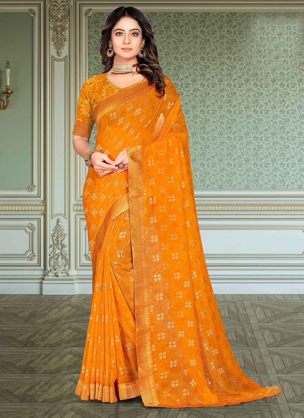 Classic Georgette Mustard Fancy Work Saree