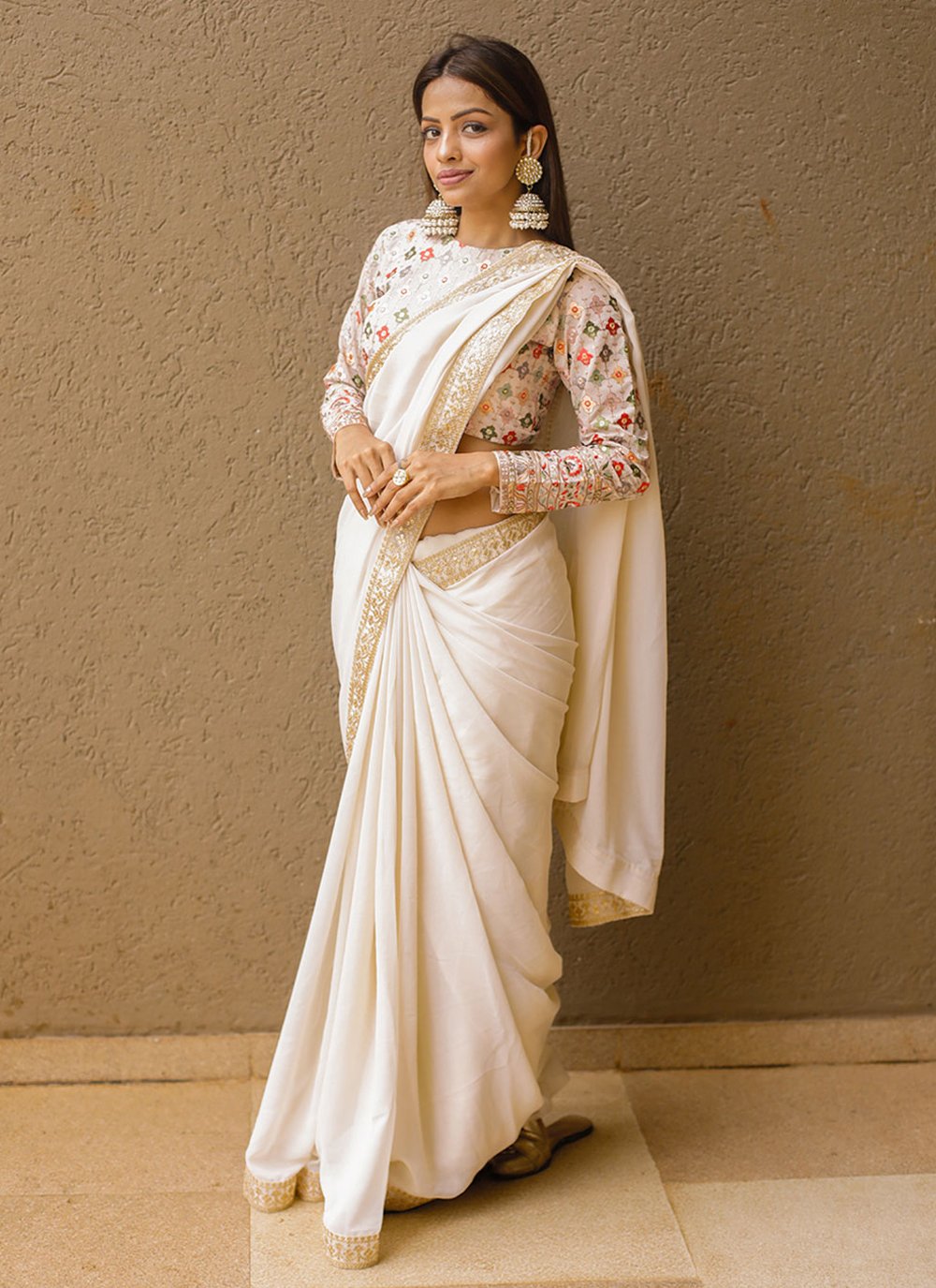 Classic Georgette Off White Embroidered Saree