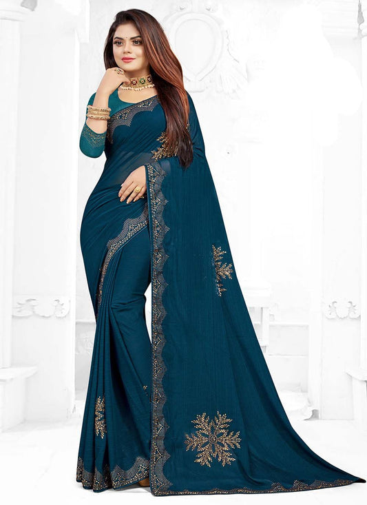 Classic Georgette Teal Lace Saree