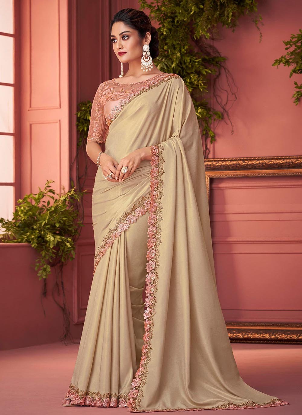 Trendy Saree Georgette Beige Lace Saree