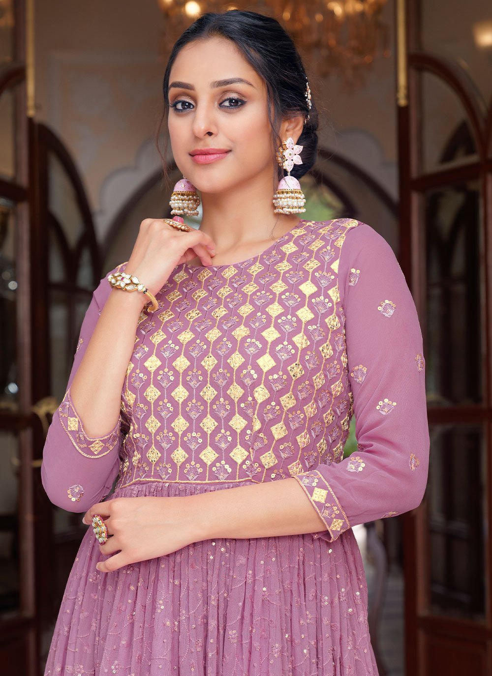 Anarkali Suit Georgette Lavender Embroidered Salwar Kameez