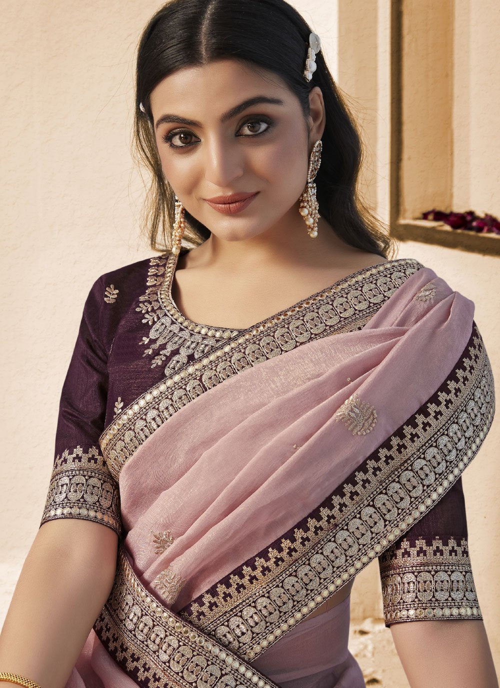 Classic Georgette Lavender Patch Border Saree