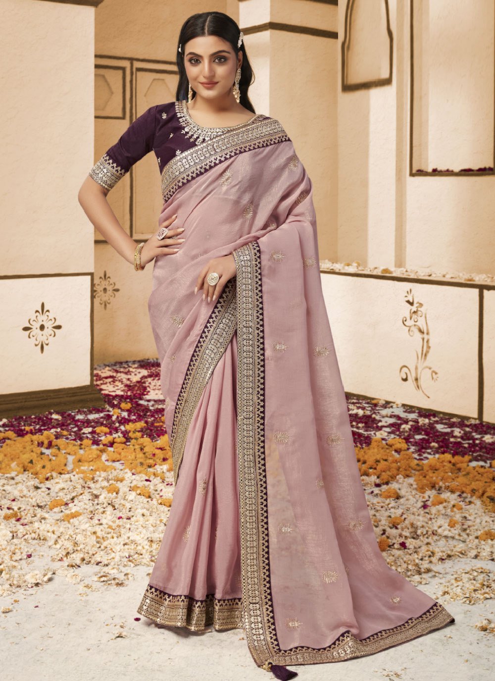 Classic Georgette Lavender Patch Border Saree