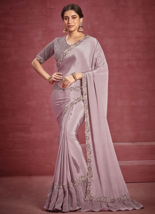 Classic Crepe Silk Georgette Lavender Lace Saree