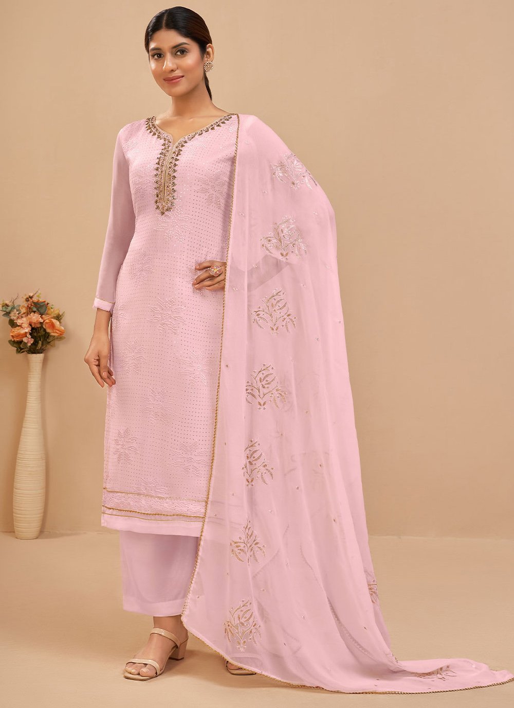 Floor Lenght Salwar Suit Georgette Lavender Embroidered Salwar Kameez