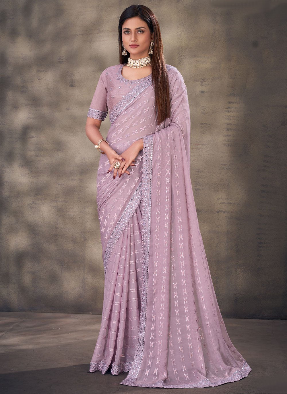 Trendy Saree Georgette Lavender Mirror Saree