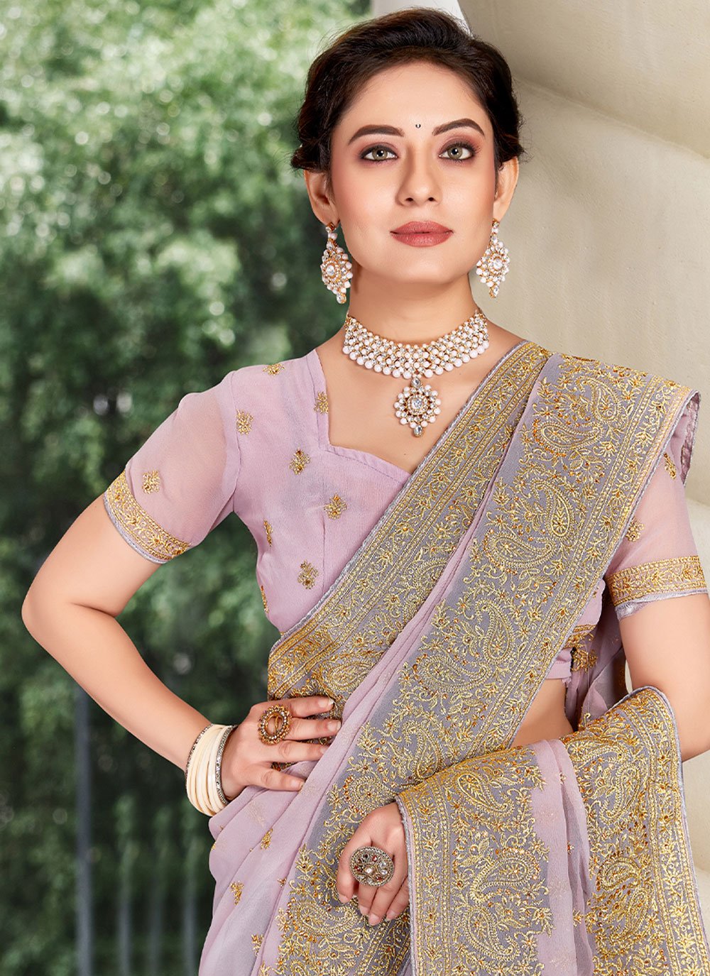 Classic Georgette Lavender Embroidered Saree