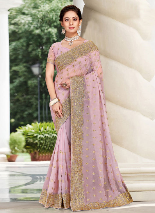 Classic Georgette Lavender Embroidered Saree