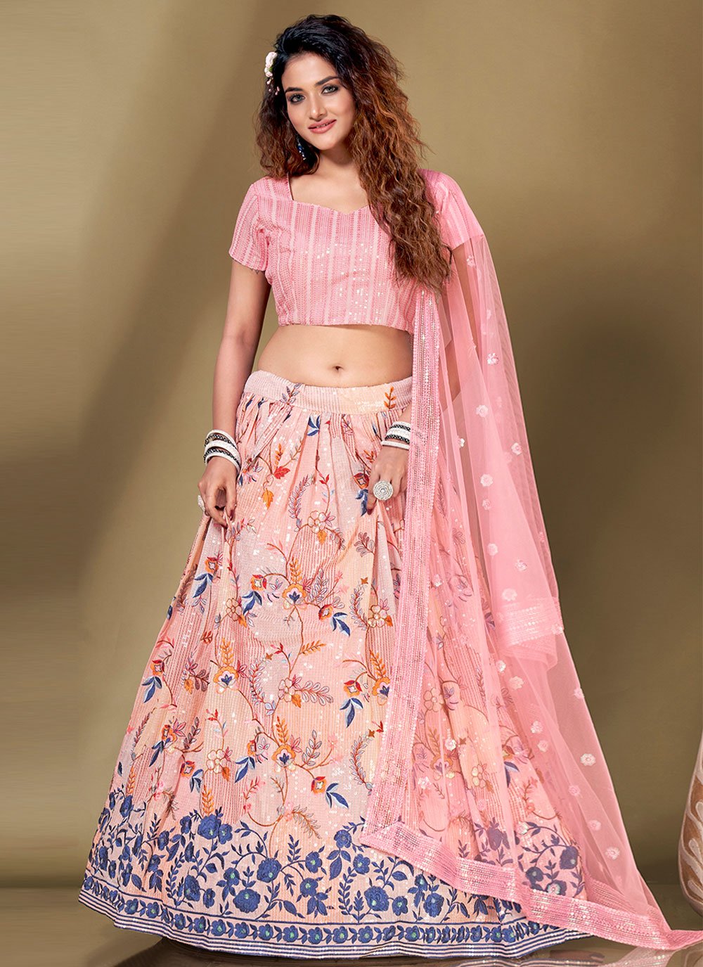 Lehenga Choli Georgette Viscose Pink Embroidered Lehenga Choli