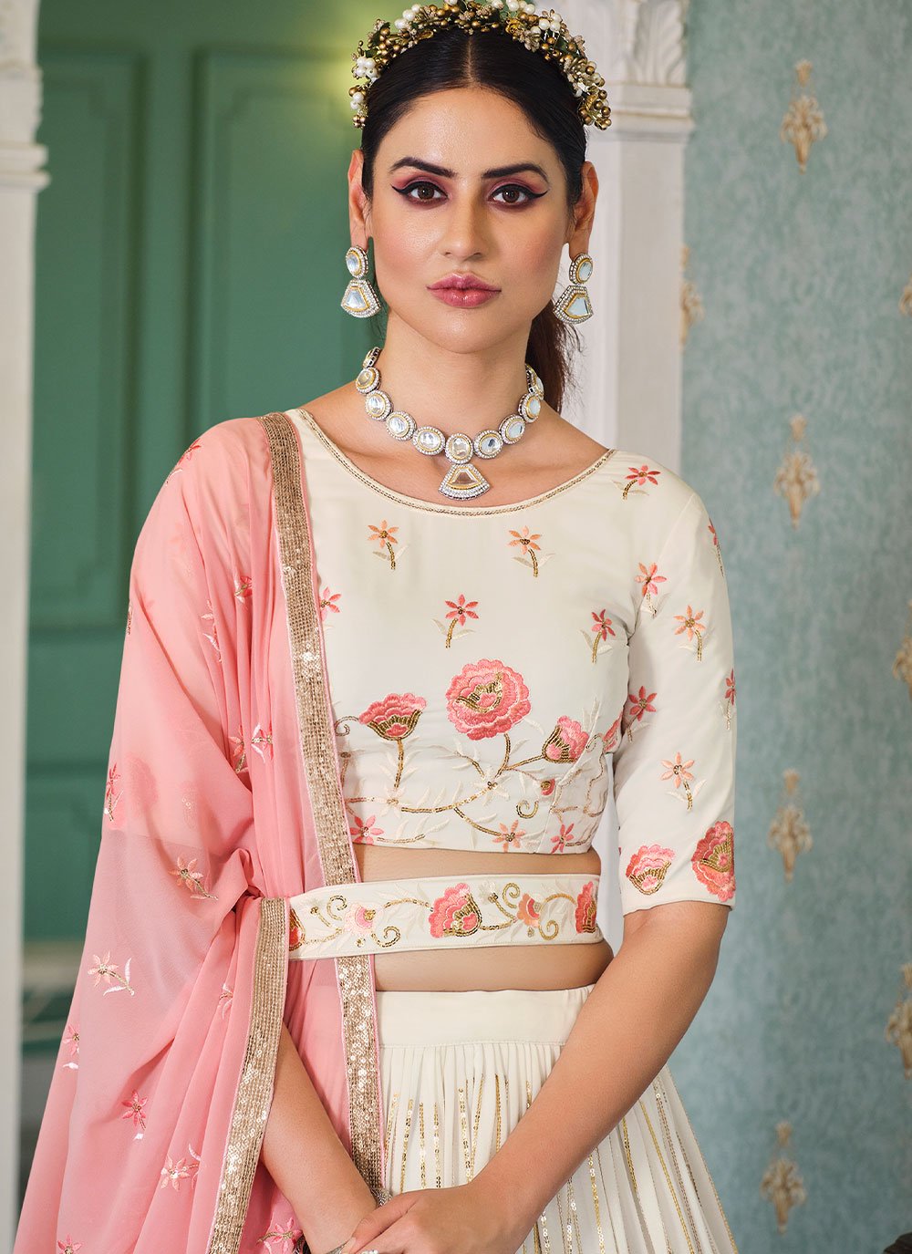 Lehenga Choli Georgette Off White Embroidered Lehenga Choli