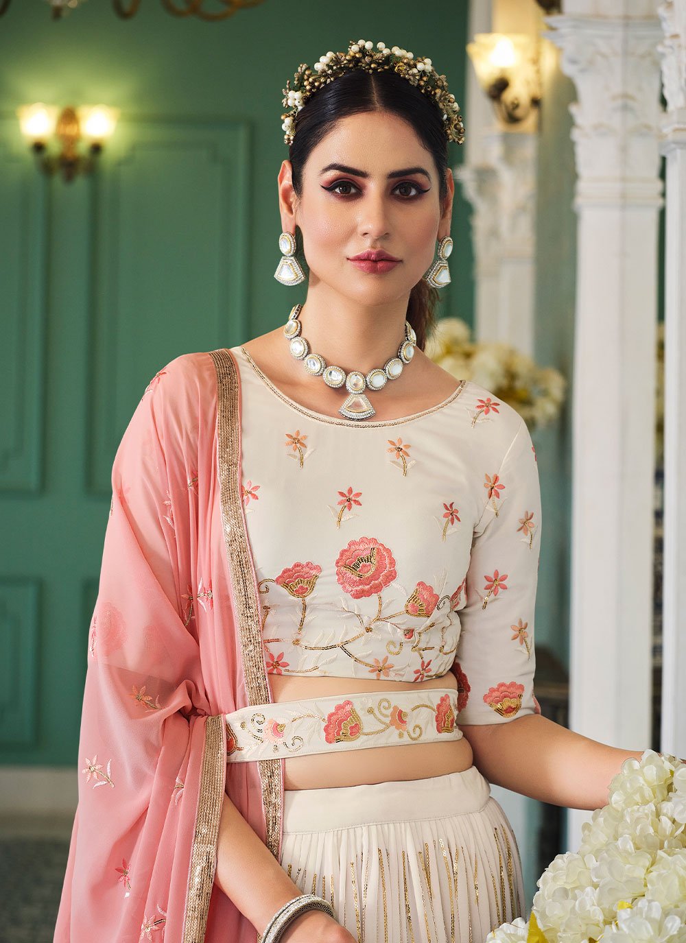 Lehenga Choli Georgette Off White Embroidered Lehenga Choli