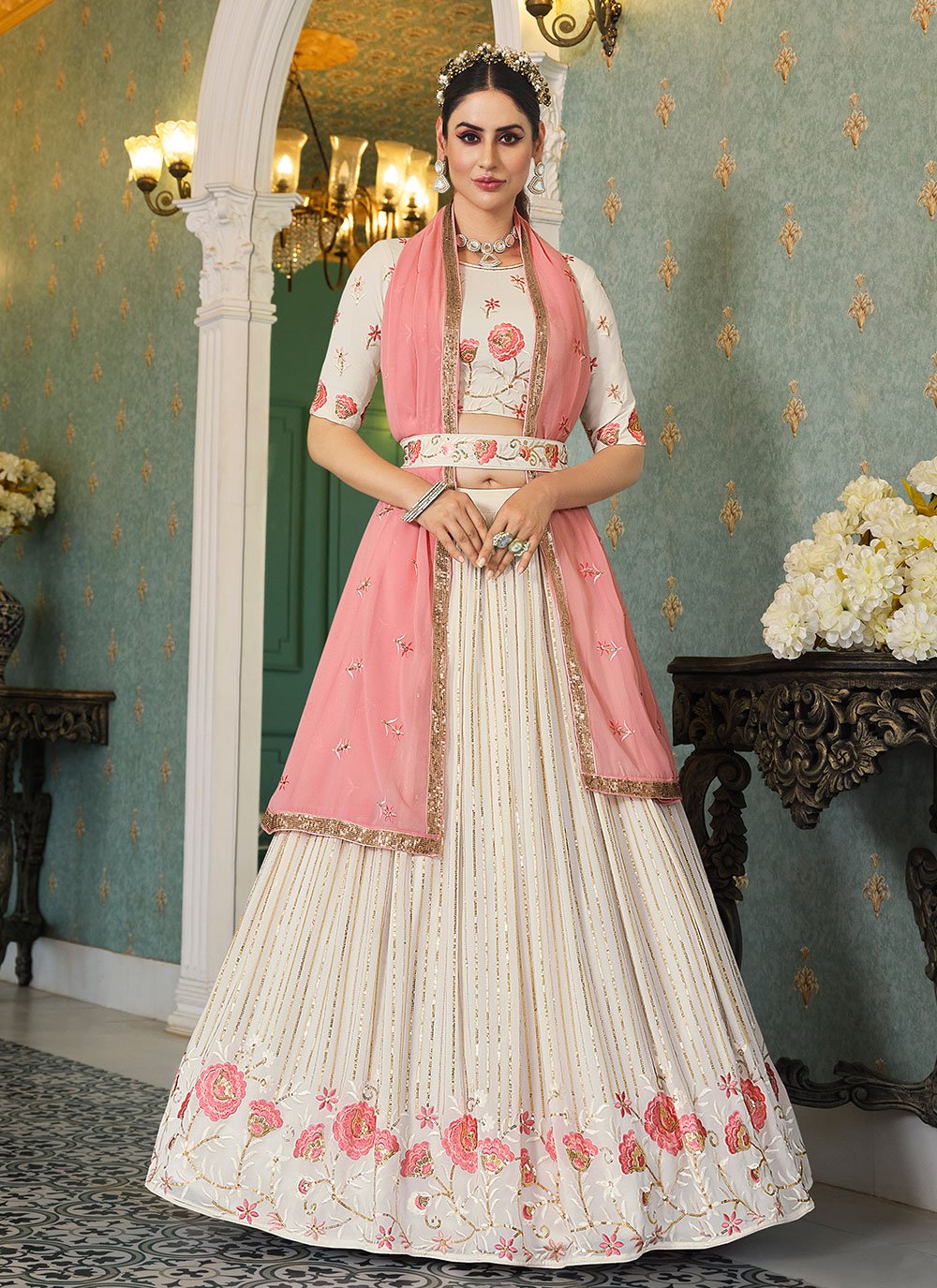 Lehenga Choli Georgette Off White Embroidered Lehenga Choli