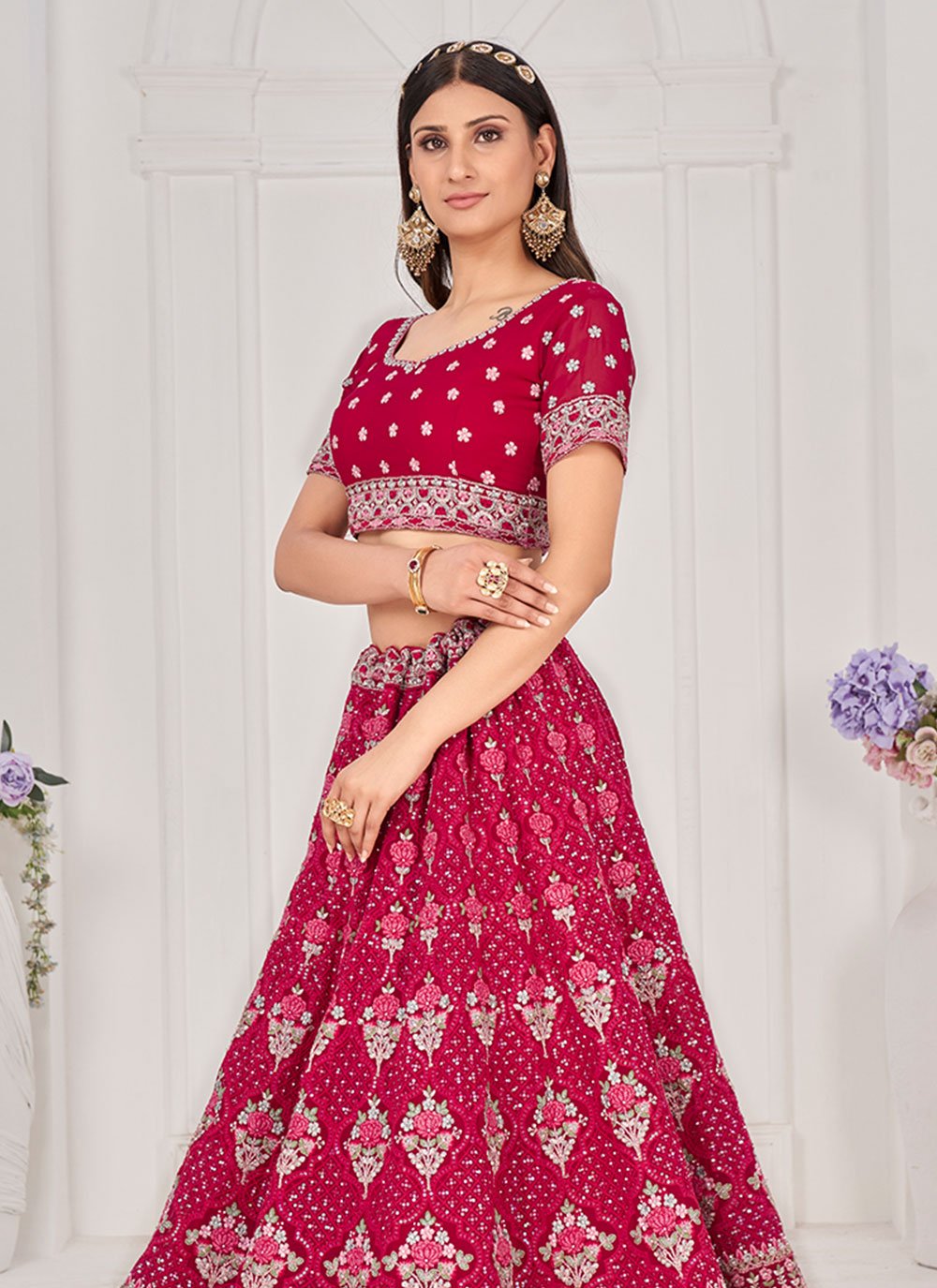 Lehenga Choli Georgette Hot Pink Embroidered Lehenga Choli