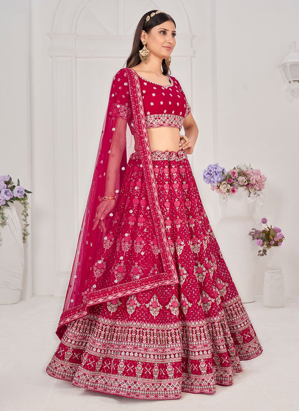 Lehenga Choli Georgette Hot Pink Embroidered Lehenga Choli