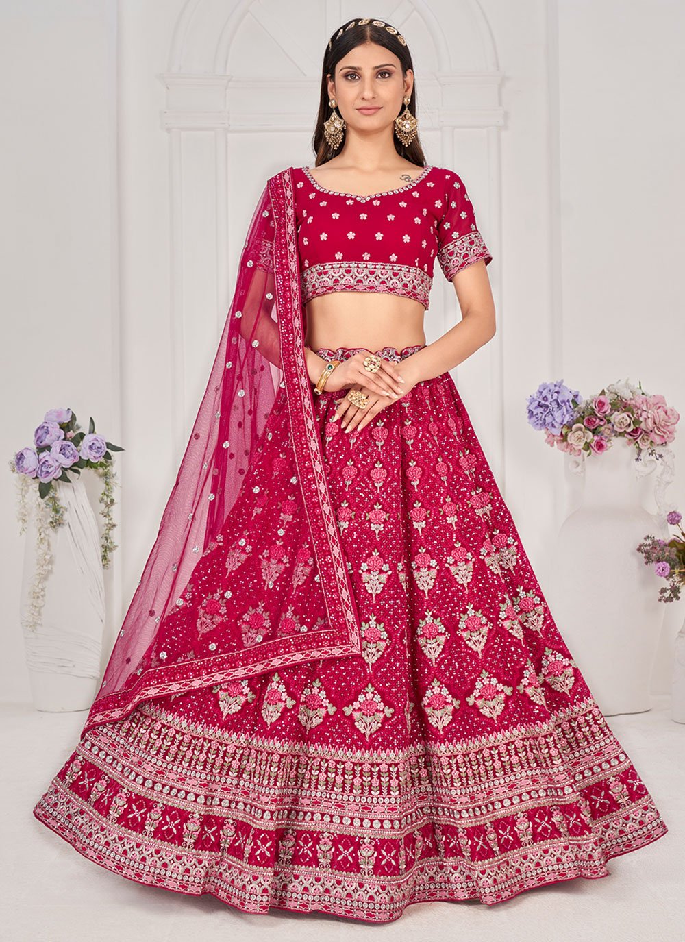 Lehenga Choli Georgette Hot Pink Embroidered Lehenga Choli