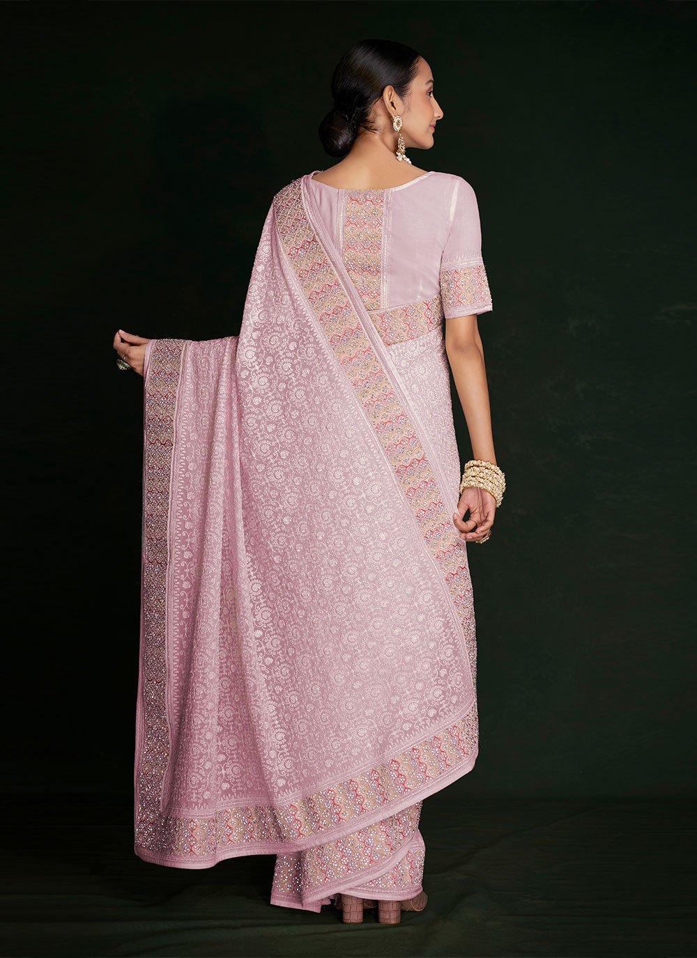 Classic Georgette Pink Lucknowi Work Saree