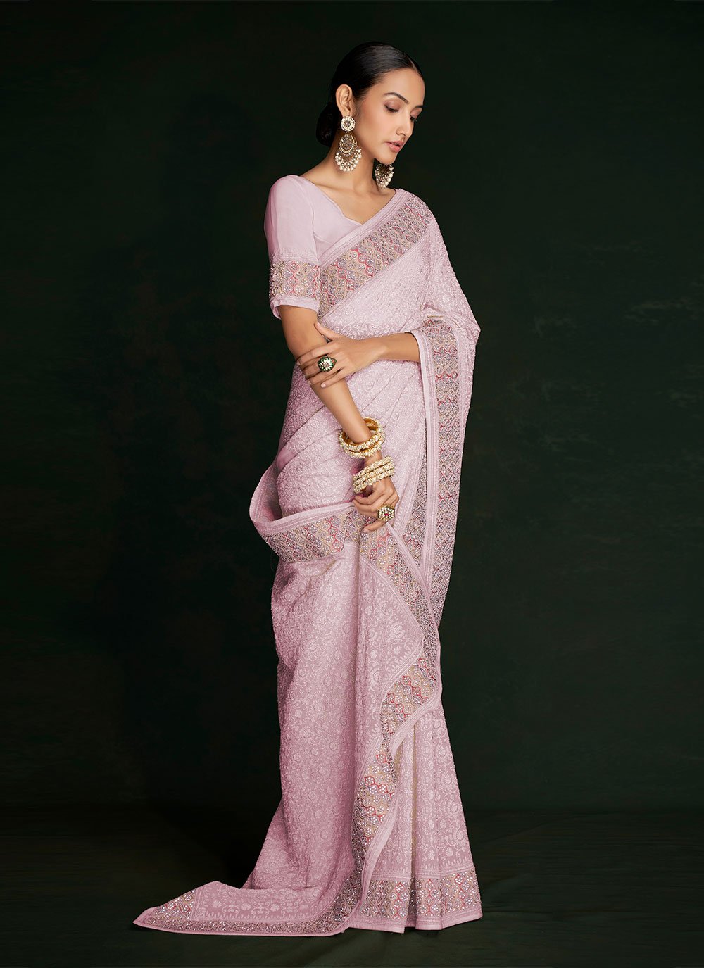 Classic Georgette Pink Lucknowi Work Saree