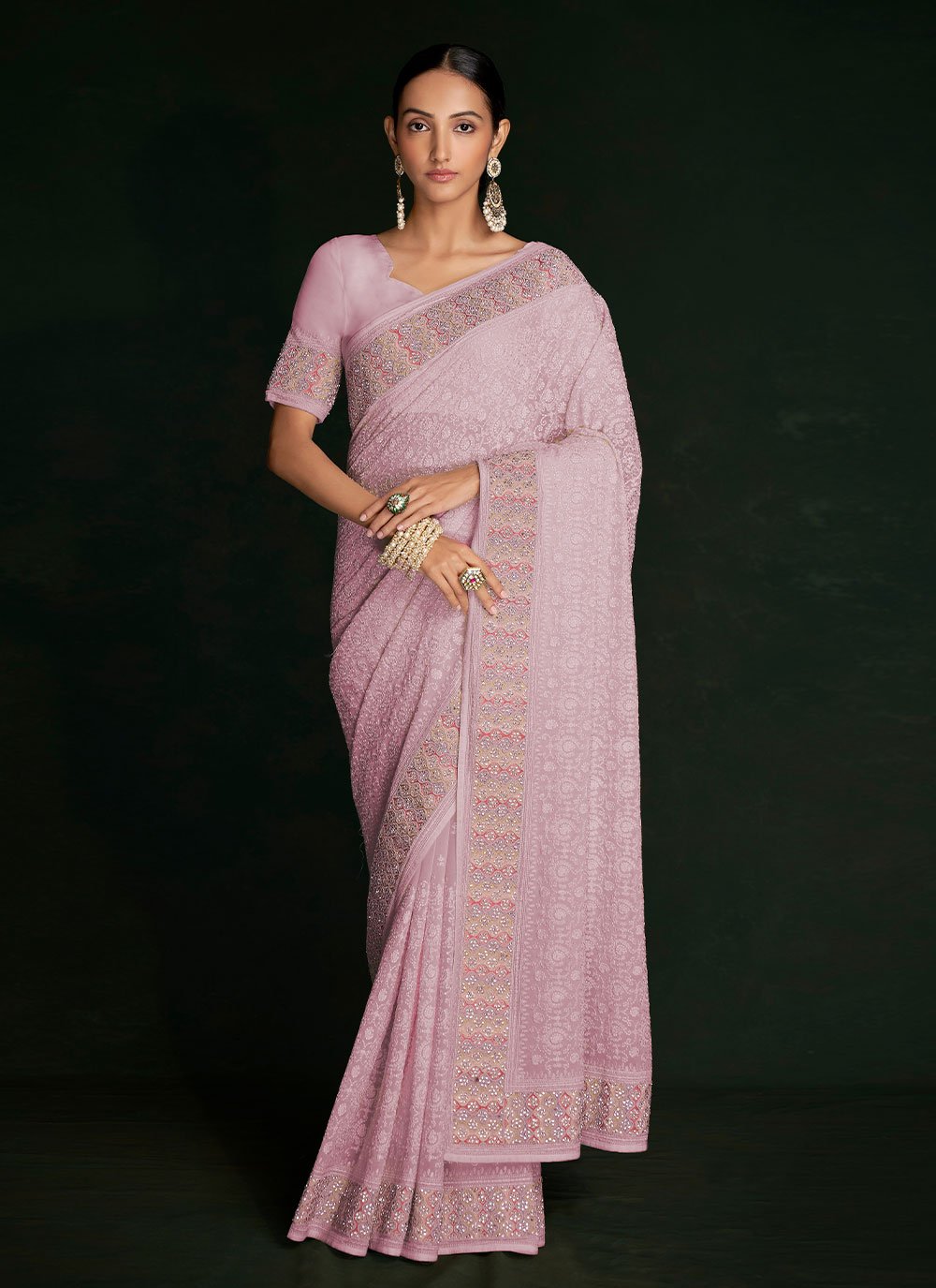 Classic Georgette Pink Lucknowi Work Saree