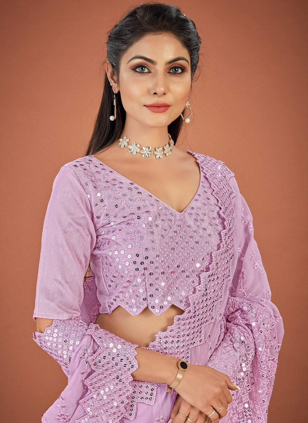 Classic Georgette Lavender Lucknowi Work Saree