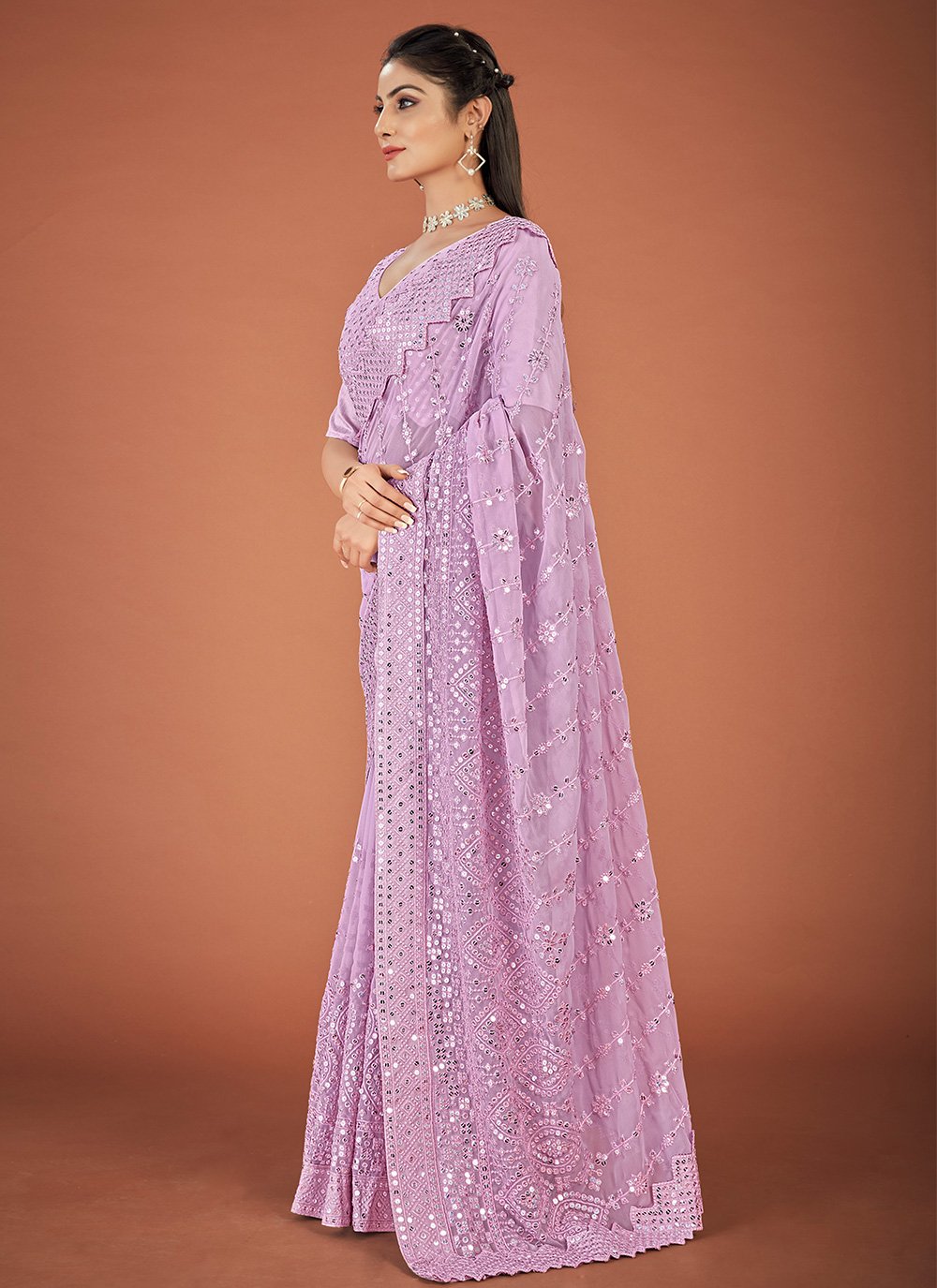 Classic Georgette Lavender Lucknowi Work Saree