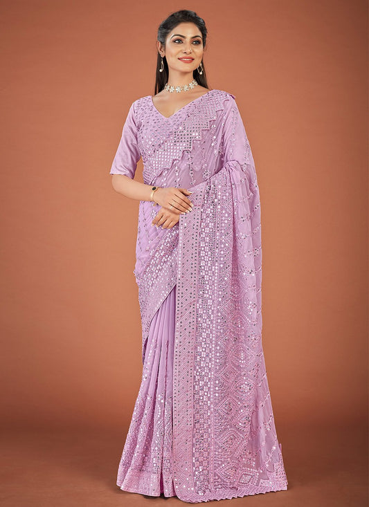 Classic Georgette Lavender Lucknowi Work Saree