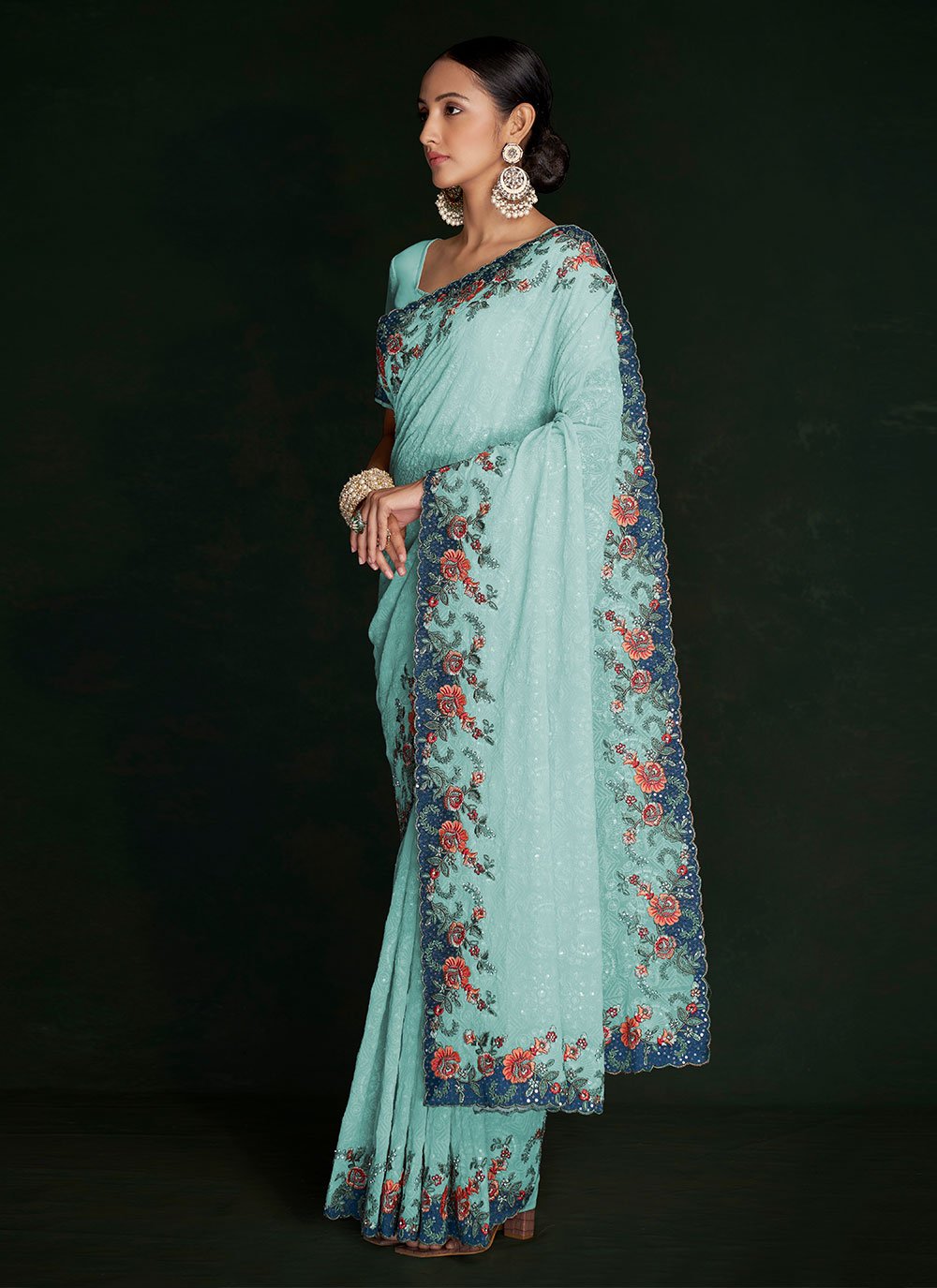 Classic Georgette Turquoise Lucknowi Work Saree