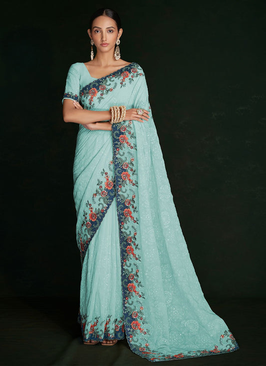Classic Georgette Turquoise Lucknowi Work Saree