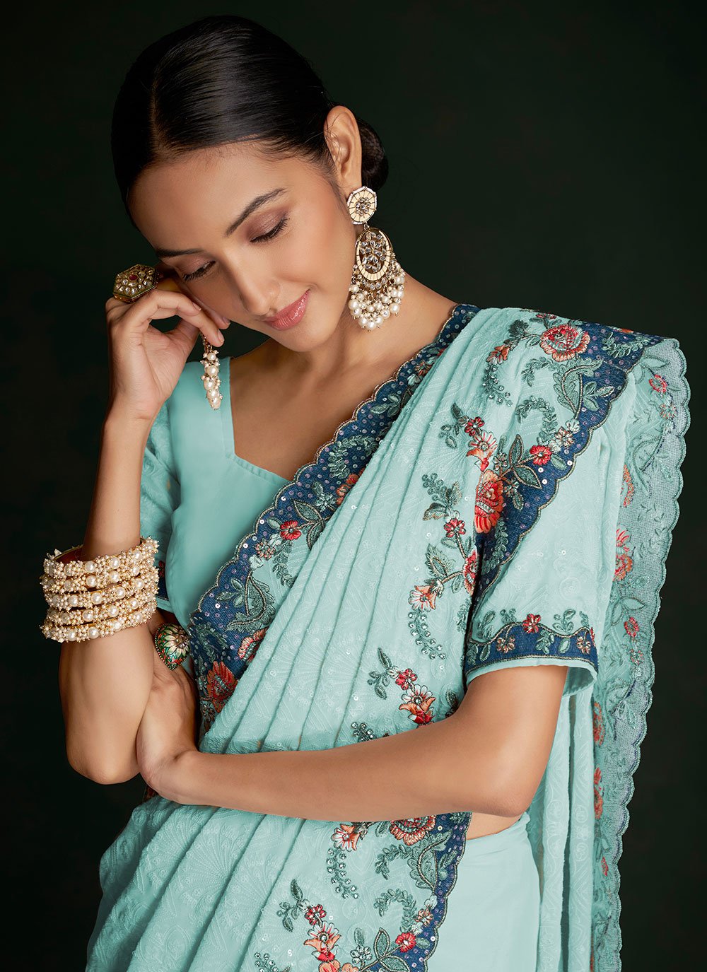 Classic Georgette Turquoise Lucknowi Work Saree