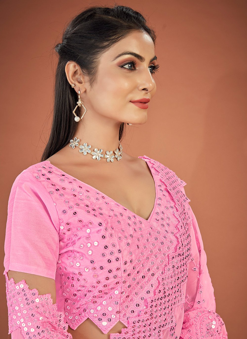 Classic Georgette Pink Lucknowi Work Saree