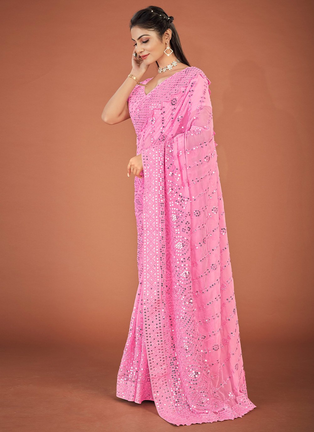 Classic Georgette Pink Lucknowi Work Saree