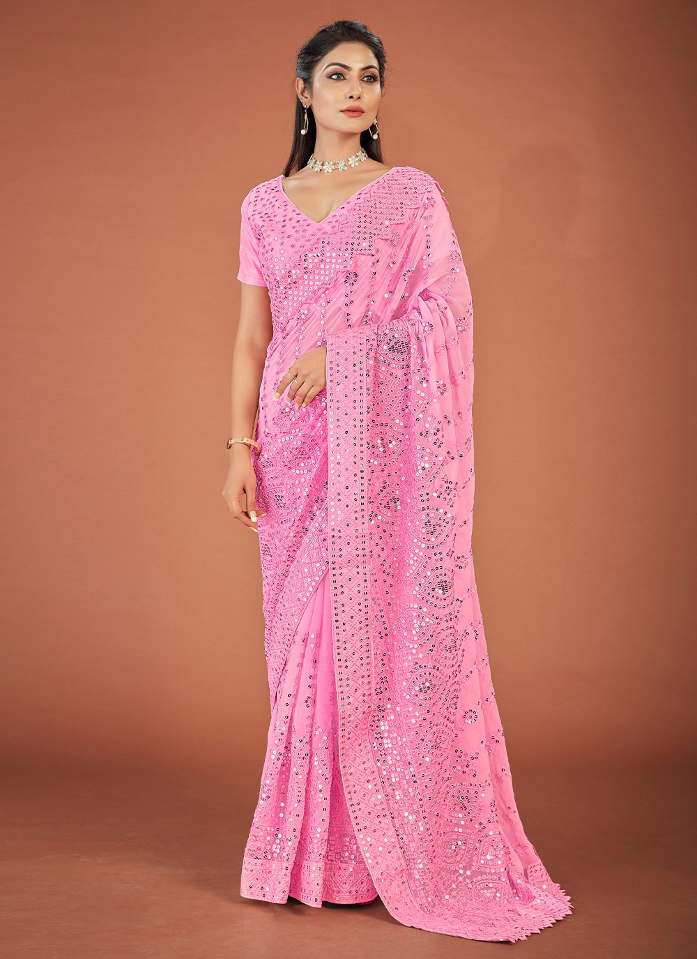 Classic Georgette Pink Lucknowi Work Saree