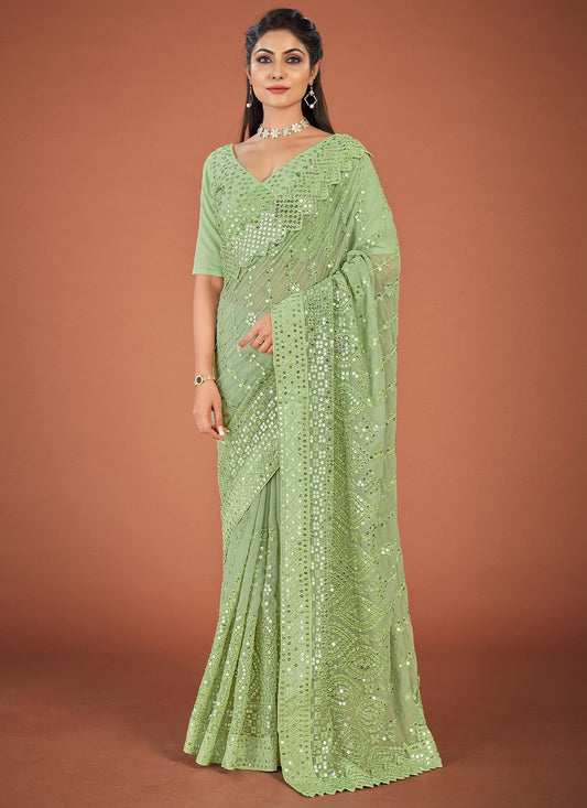 Trendy Saree Georgette Sea Green Lucknowi Work Saree