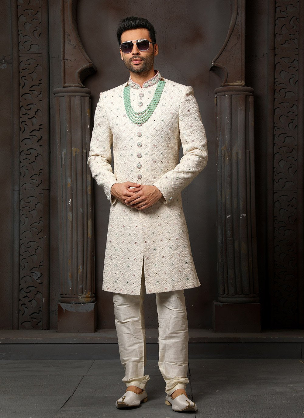 Sherwani Georgette Cream Machine Embroidery Mens