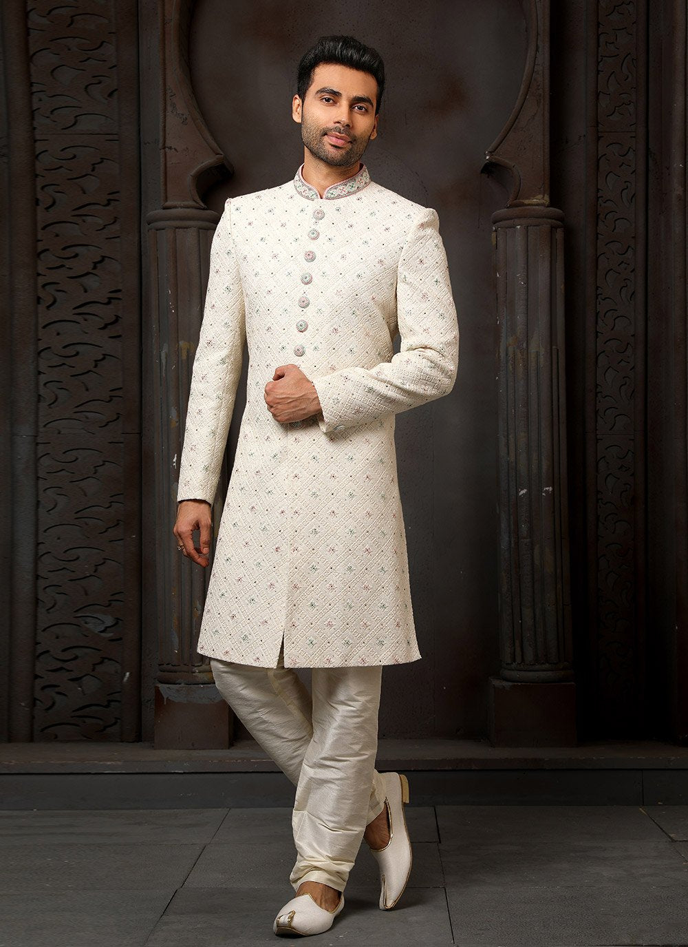 Sherwani Georgette Cream Machine Embroidery Mens