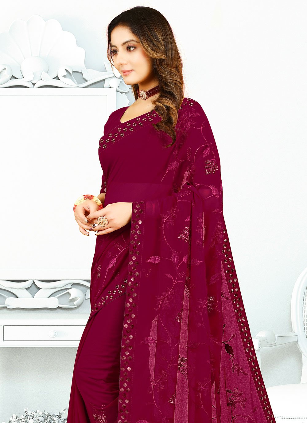 Classic Georgette Silk Magenta Patch Border Saree