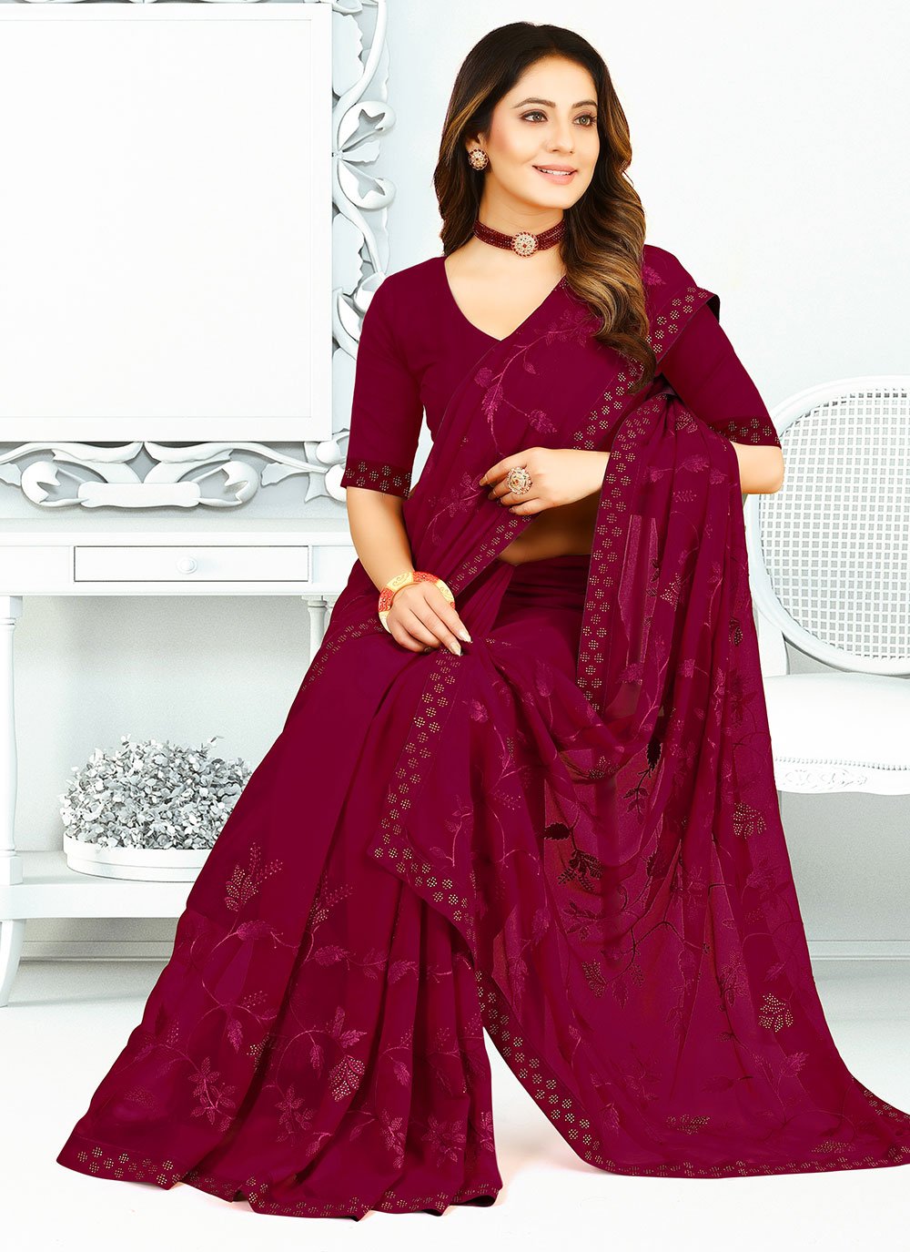 Classic Georgette Silk Magenta Patch Border Saree