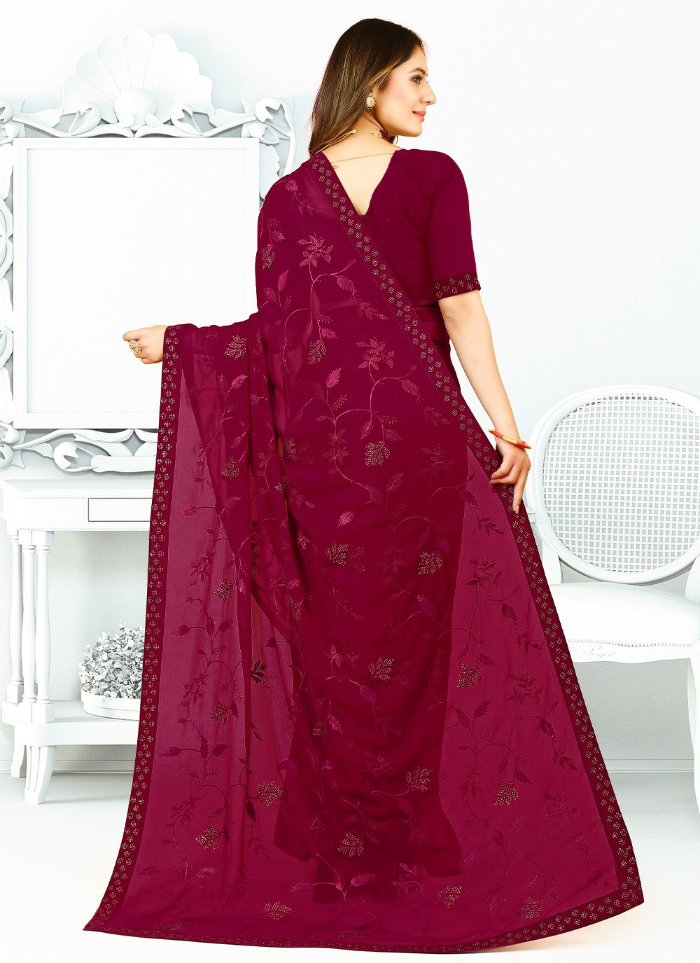 Classic Georgette Silk Magenta Patch Border Saree