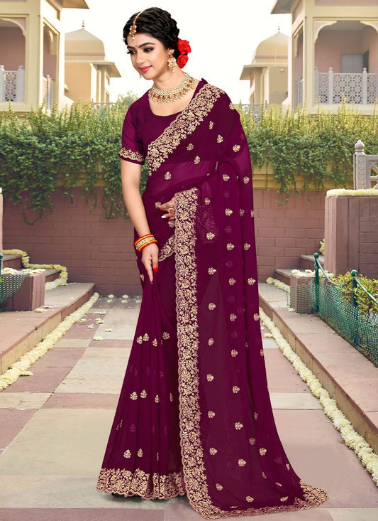 Trendy Saree Georgette Magenta Embroidered Saree