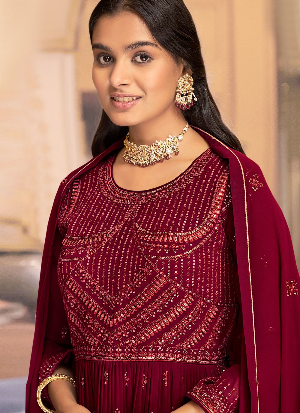 Palazzo Salwar Suit Georgette Maroon Embroidered Salwar Kameez