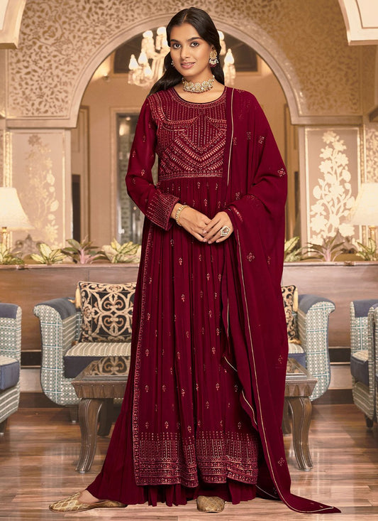 Palazzo Salwar Suit Georgette Maroon Embroidered Salwar Kameez