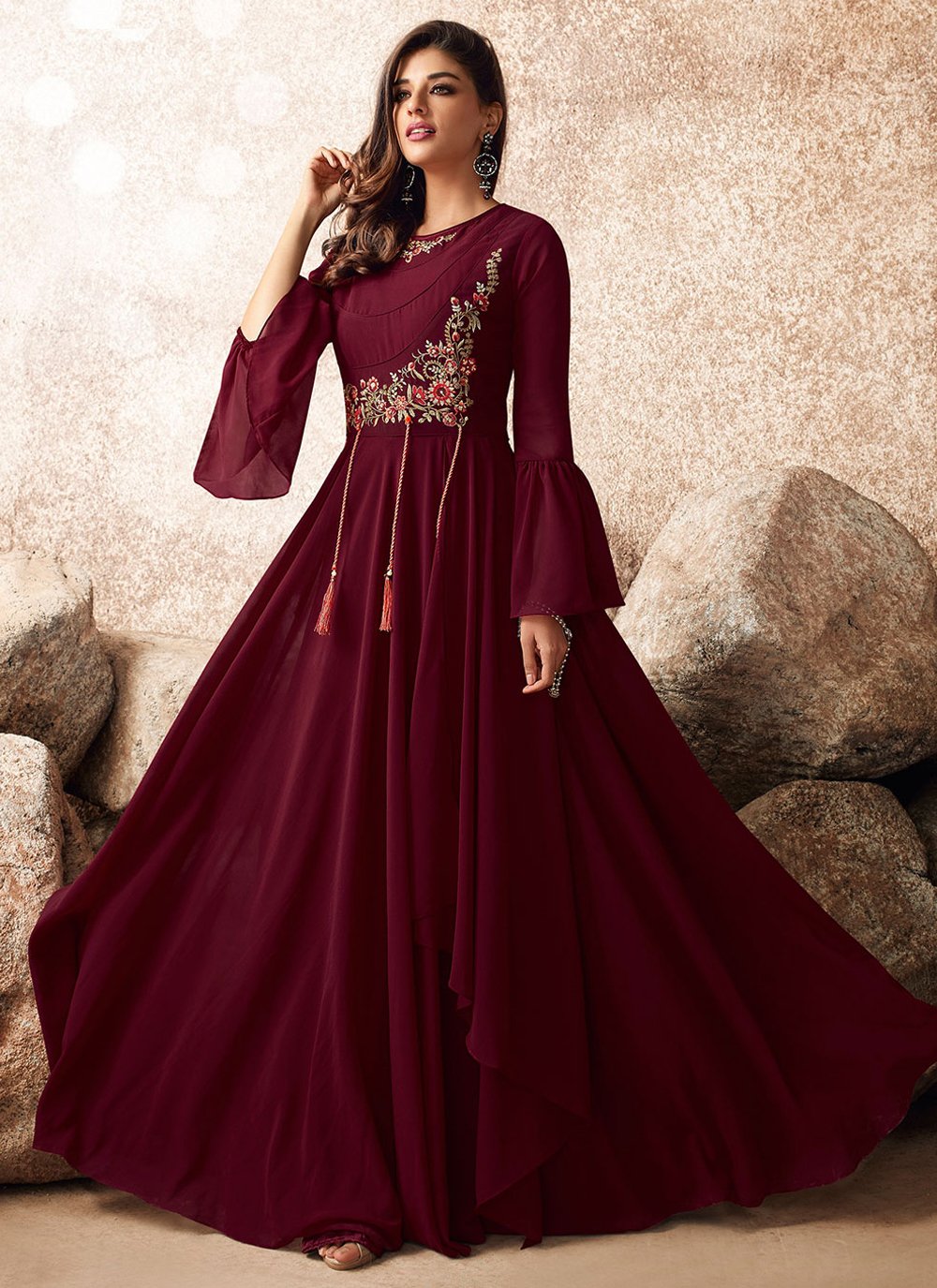 Gown Georgette Maroon Embroidered Gown