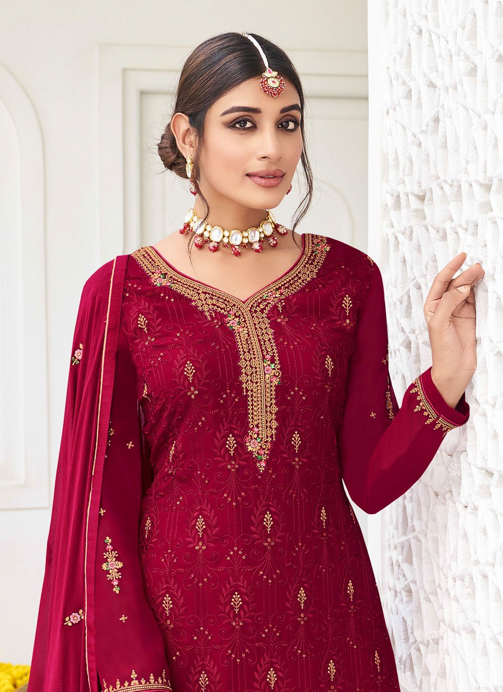 Palazzo Salwar Suit Georgette Maroon Embroidered Salwar Kameez