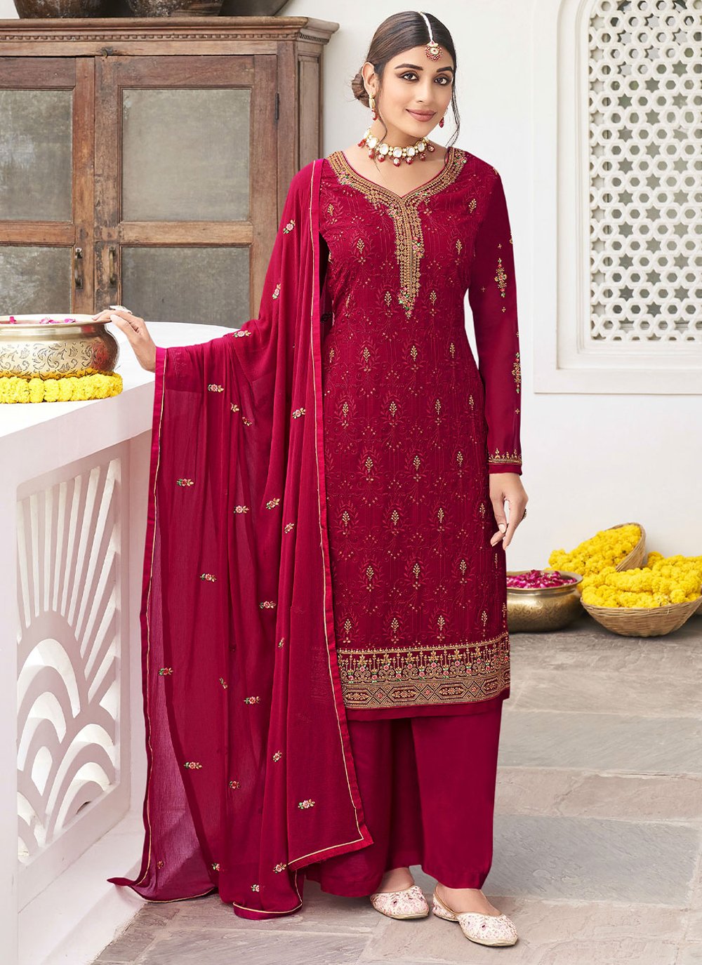 Palazzo Salwar Suit Georgette Maroon Embroidered Salwar Kameez