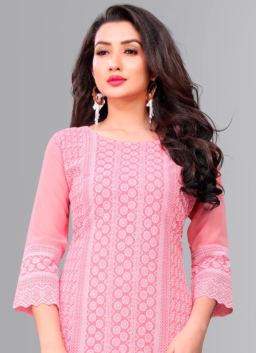 Designer Kurti Chiffon Georgette Pink Embroidered Kurtis – Kajols