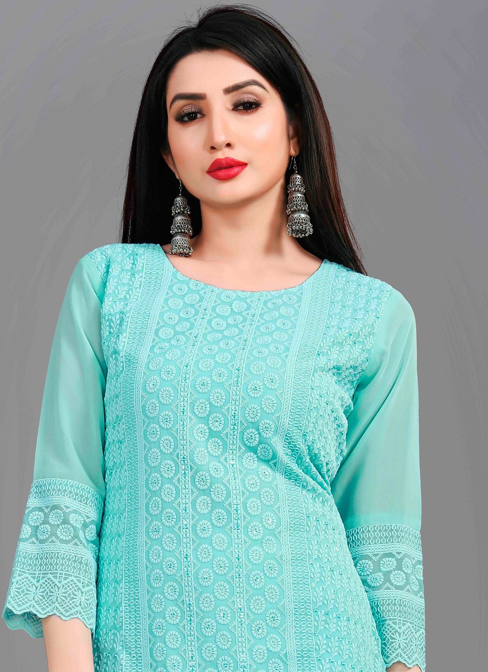 Designer Kurti Chiffon Georgette Aqua Blue Embroidered Kurtis