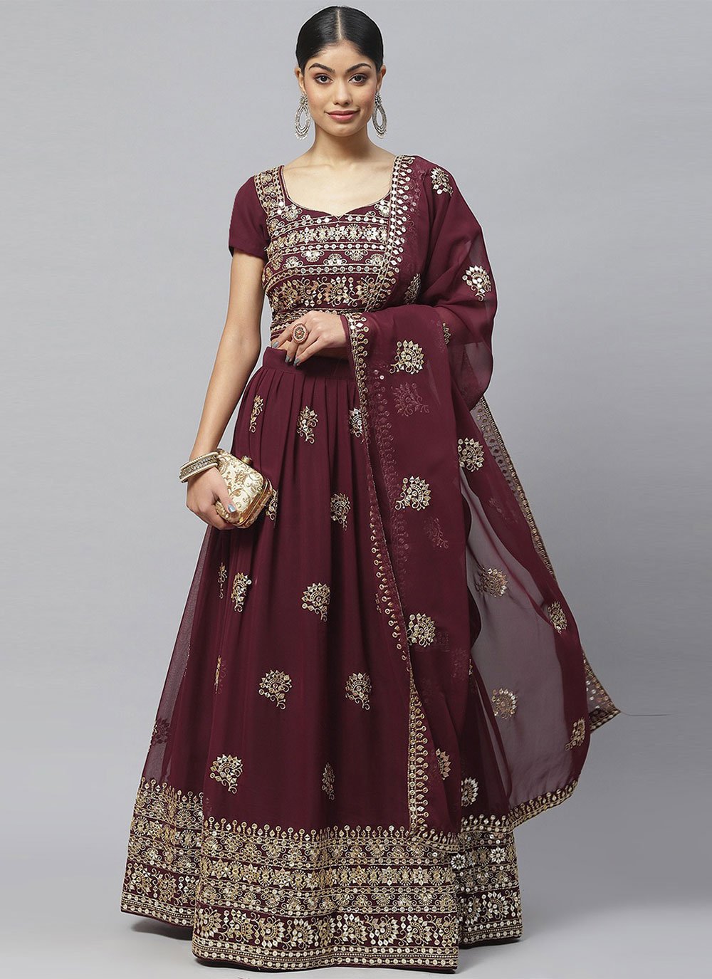 Lehenga Choli Georgette Wine Embroidered Lehenga Choli