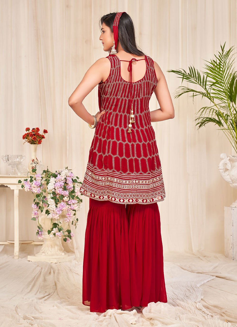 Pakistani Salwar Suit Georgette Red Embroidered Salwar Kameez